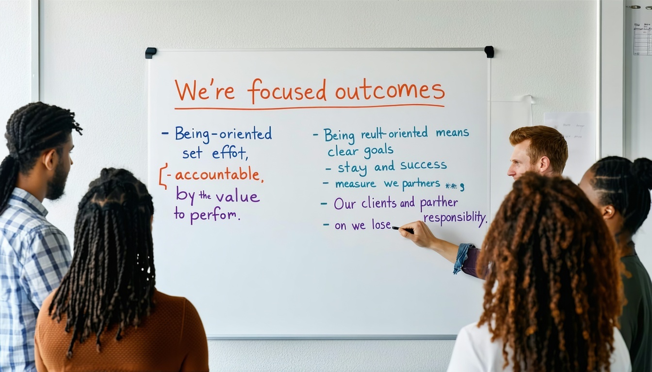 A group of people gathered around a whiteboard Were focused on outcomes not just effort Being resultoriented means we set clear goals stay accountable and measure success by the value we deliver Our clients and partners count on us to performand we n
