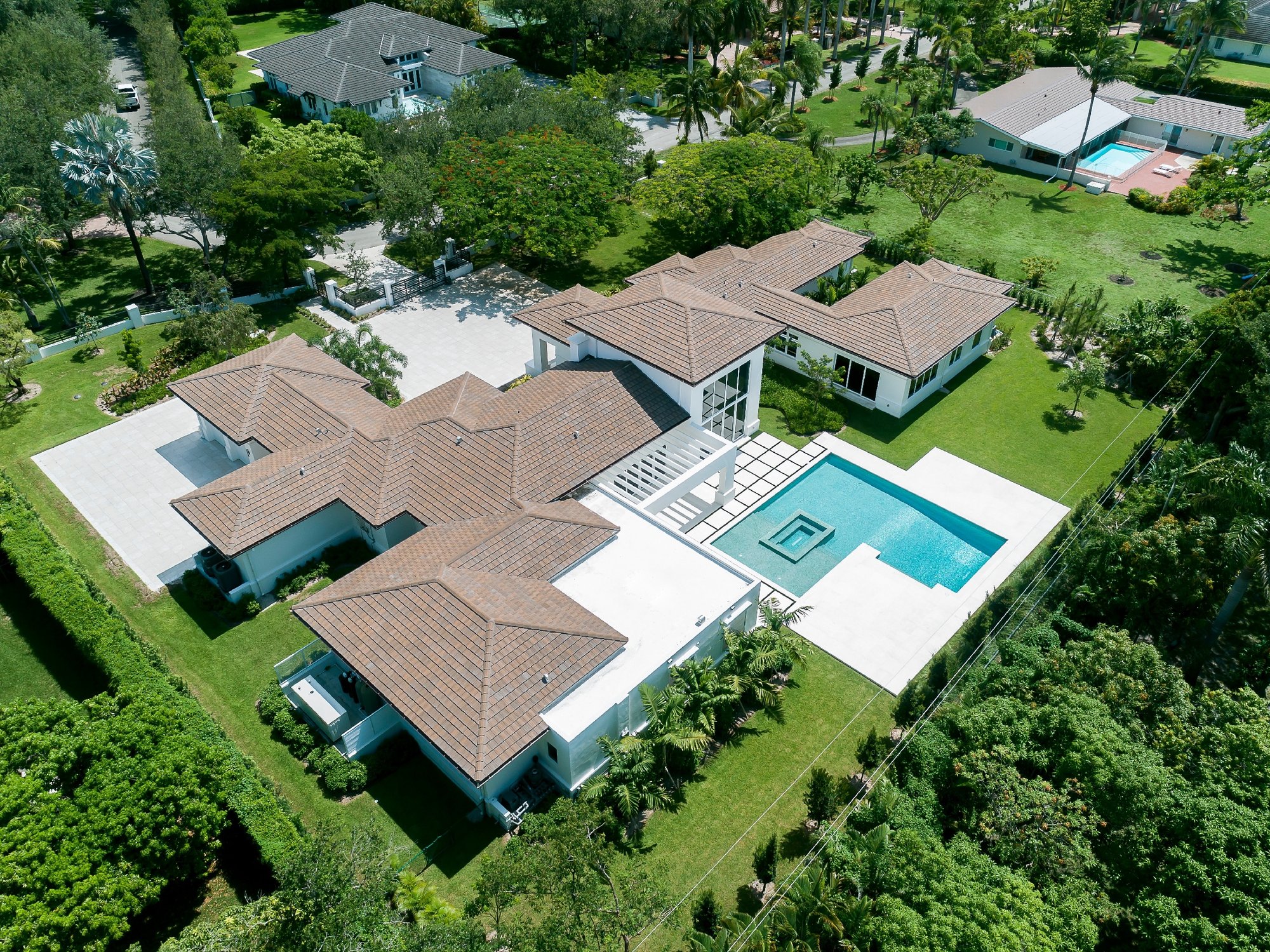 Large home view from above with pool