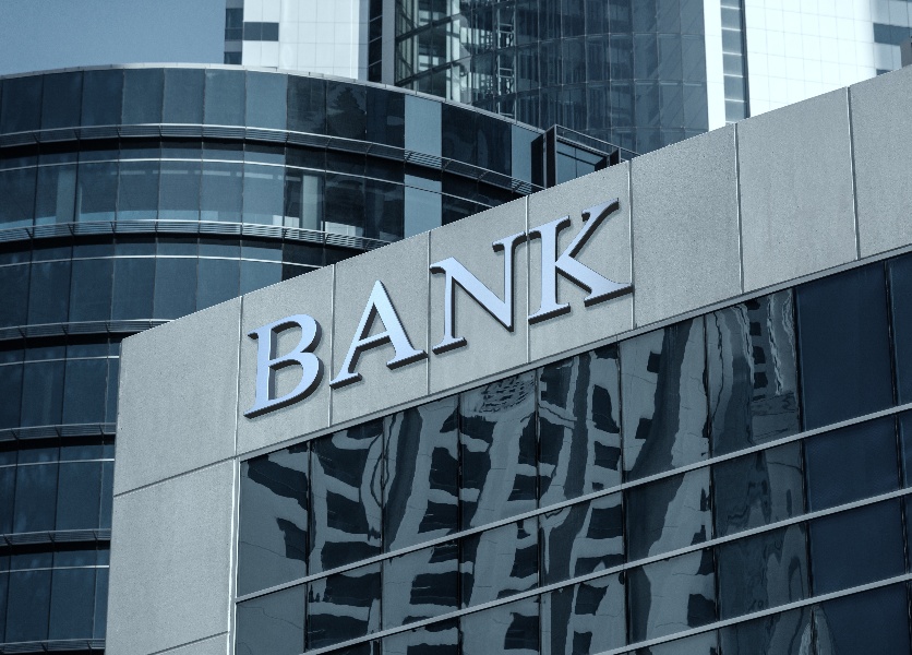 Bank building in a city Bank building in a city