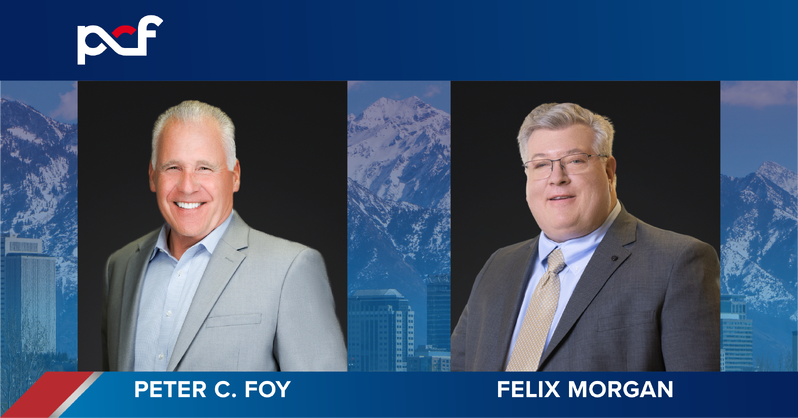 A professional graphic featuring Peter C. Foy and Felix Morgan, with their portraits against a backdrop of snowy mountains and the PCF logo at the top.